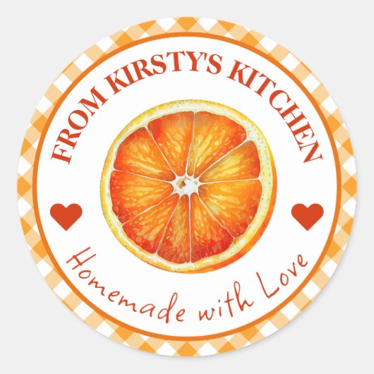 Wasserfarbe, hausgemachte Gingham Orange Jam Label Runder Aufkleber (Vorderseite)