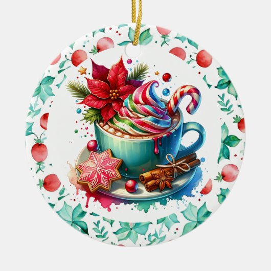 Wasserfarbe Heiße Kakao, Candy Cane Personalisiert Keramik Ornament (Vorne)