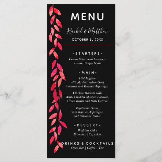 Wasserfarbe Heiße rosa Blätter auf Schwarzer Hochz Menükarte (Vorderseite)