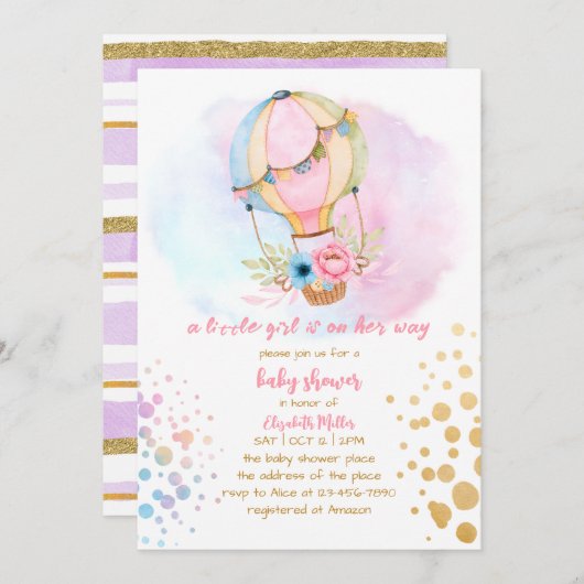 Wasserfarbe Heißluftballon Baby Girl Dusche Einladung (Vorne/Hinten)