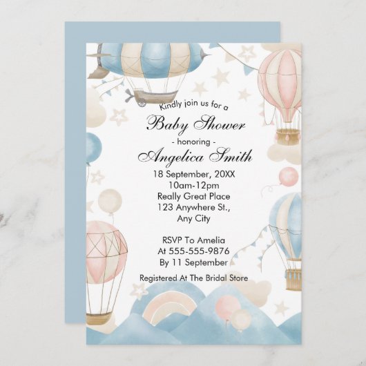 Wasserfarbe Heißluftballon Babydusche Einladung (Vorne/Hinten)