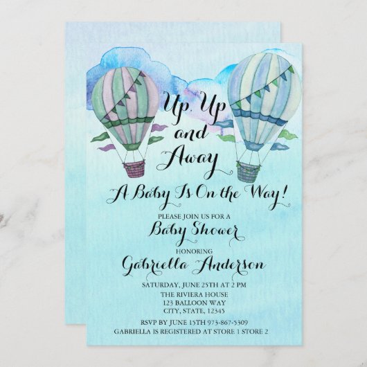 Wasserfarbe Heißluftballon Kinderdusche Einladung (Vorne/Hinten)