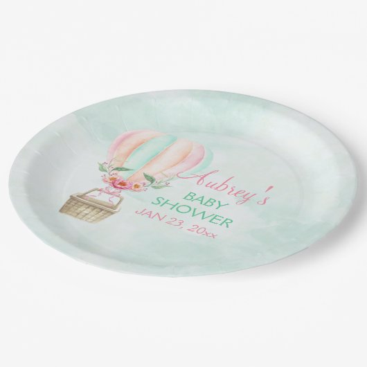 Wasserfarbe Heißluftballon Minze Pink Peach Pappteller (Schrägansicht)