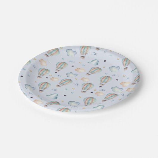 Wasserfarbe Heißluftballon Party in Blau Pappteller (Schrägansicht)