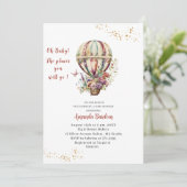 Wasserfarbe Heißluftballon Rust Blume Babydusche Einladung (Stehend Vorderseite)