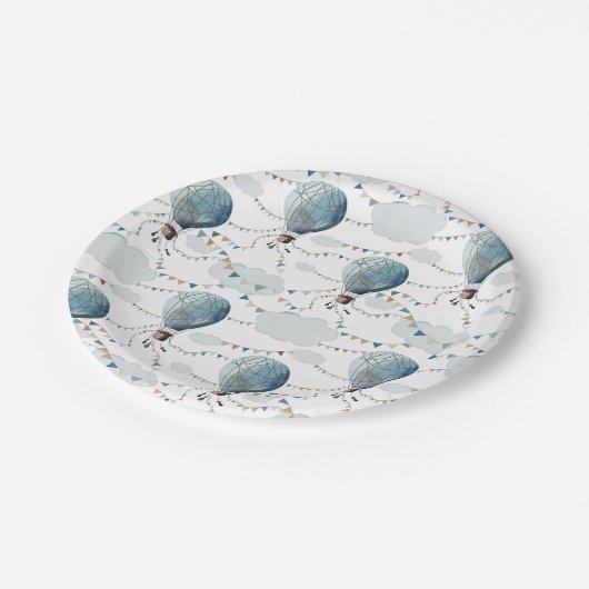 Wasserfarbe Heißluftballon Weiß // Kindergeburt Pappteller (Schrägansicht)