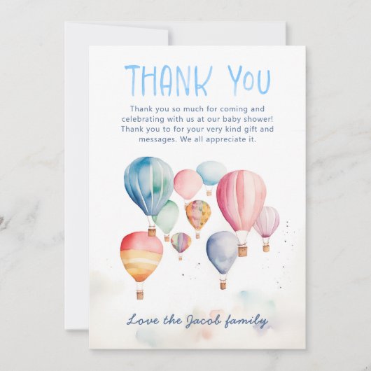 Wasserfarbe Heißluftballons Babydusche Danke (Vorderseite)