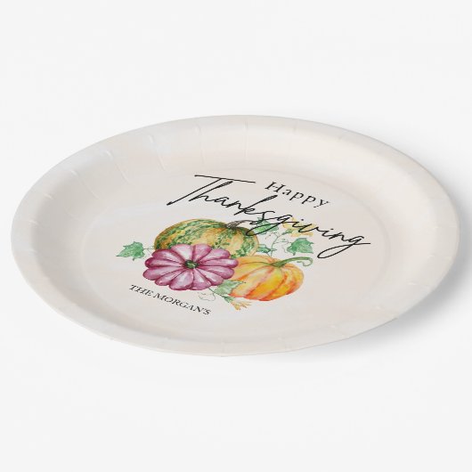 Wasserfarbe Herbstpumpenglücklich Erntedankfest Pappteller (Schrägansicht)