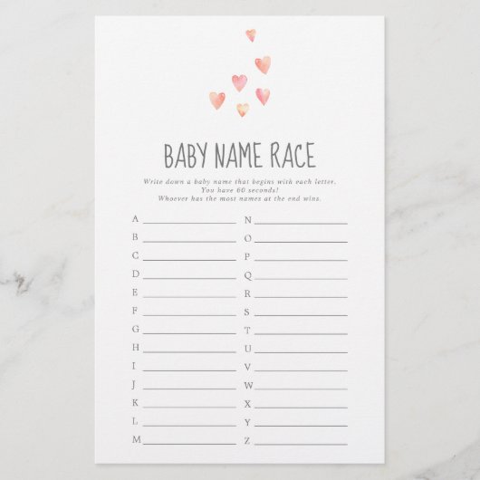 Wasserfarbe Herz Girl Baby Name Race Game (Vorderseite)