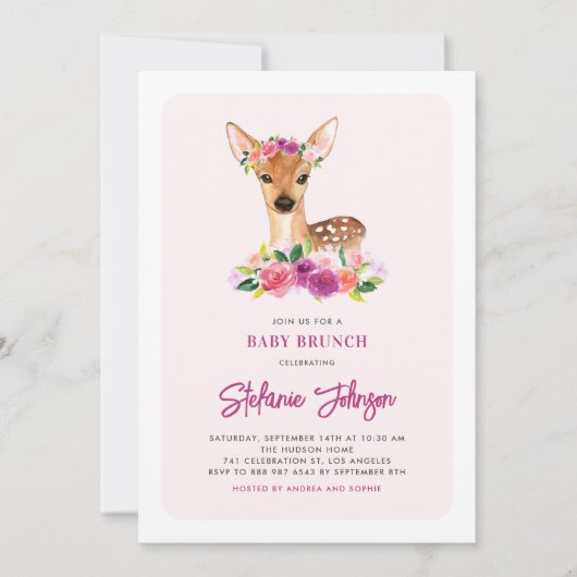 Wasserfarbe Hirsche Purple Blumen Baby Brunch Einladung (Vorderseite)