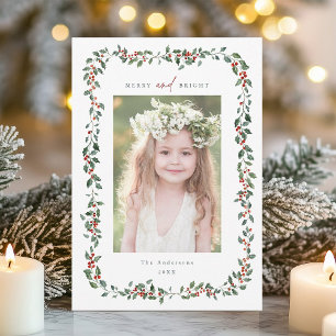 Wasserfarbe Holly Berry Rahmen Merry & Bright Foto Feiertagskarte