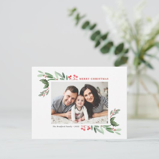 Wasserfarbe Holly Greenery Foto Frohe Weihnachten (Stehend Vorderseite)