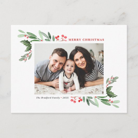 Wasserfarbe Holly Greenery Foto Frohe Weihnachten (Vorderseite)