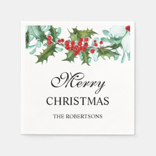 Wasserfarbe Holly und Berries Frohe Weihnachten Serviette