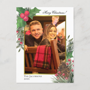 Wasserfarbe Holy Berries Pine Cone & Grüntöne Foto Feiertagspostkarte