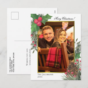 Wasserfarbe Holy Berries Pine Cone & Grüntöne Foto Feiertagspostkarte