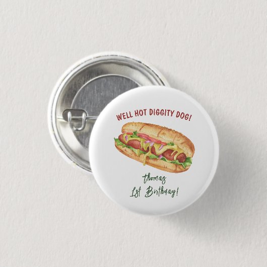 Wasserfarbe Hot Dog Kindergeburtstag Button (Vorne & Hinten)