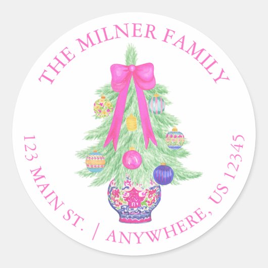 Wasserfarbe Hot Pink Bow Ginger Jar Rücksendeadres Runder Aufkleber (Vorderseite)