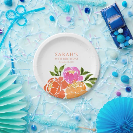 Wasserfarbe Hot Pink Orange Blütenfarben Pappteller (Party)