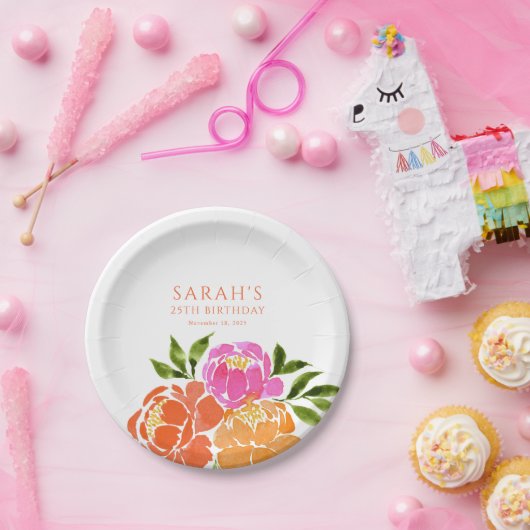 Wasserfarbe Hot Pink Orange Blütenfarben Pappteller (Party)