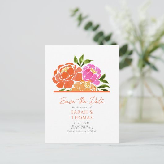 Wasserfarbe Hot Pink Orange Save the Date Postkarte (Stehend Vorderseite)