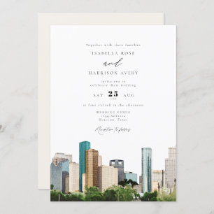 Wasserfarbe Houston Texas City Skyline Hochzeit Einladung