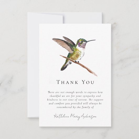 Wasserfarbe Hummingbird Beileid Beerdigung Dankeskarte (Vorderseite)
