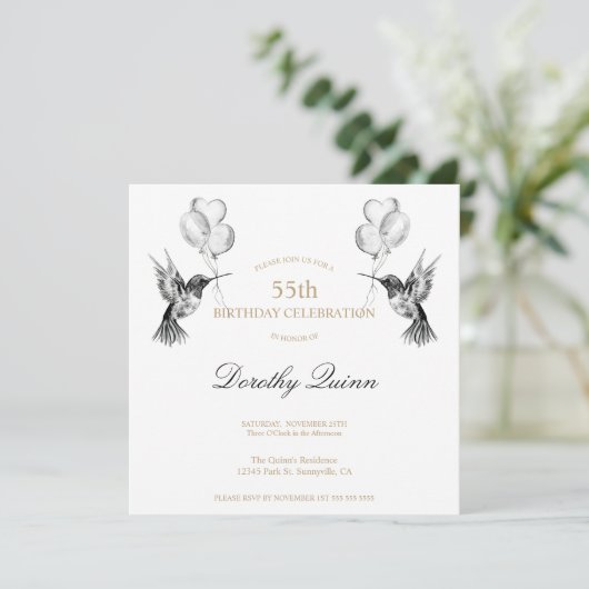 Wasserfarbe Hummingbird und Balloons zum Geburtsta Einladung (Stehend Vorderseite)