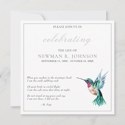 Wasserfarbe Hummingvogel Feier des Lebens Einladung (Vorderseite)