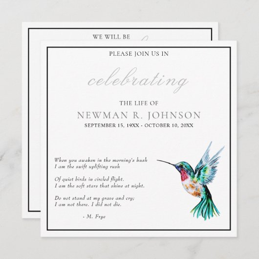 Wasserfarbe Hummingvogel Feier des Lebens Einladung (Vorne/Hinten)