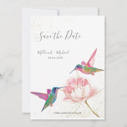 Wasserfarbe Hummingvögel mit Peony Save the Date (Vorderseite)
