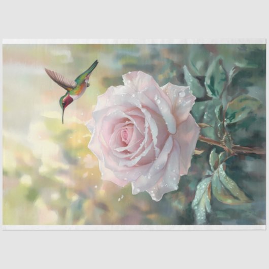 Wasserfarbe Hummingvogel und rosa Rose Decoupage Seidenpapier (Vorderseite)