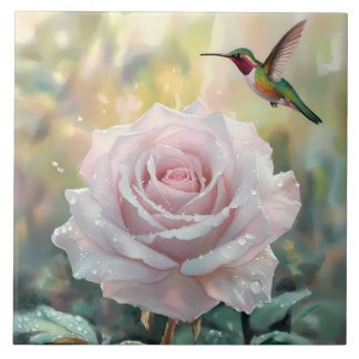 Wasserfarbe Hummingvogel und Rosa Rose Fliese