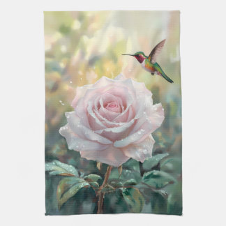 Wasserfarbe Hummingvogel und Rosa Rose Geschirrtuch