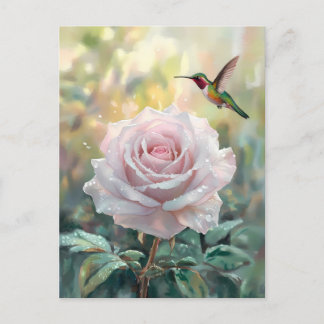 Wasserfarbe Hummingvogel und Rosa Rose Postkarte