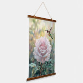Wasserfarbe Hummingvogel und Rosa Rose Wandteppich Mit Holzrahmen (Gewinkelt)