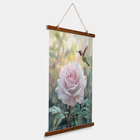 Wasserfarbe Hummingvogel und Rosa Rose Wandteppich Mit Holzrahmen (Gewinkelt)