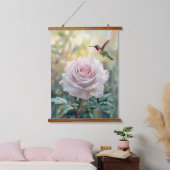 Wasserfarbe Hummingvogel und Rosa Rose Wandteppich Mit Holzrahmen (Schlafzimmer)