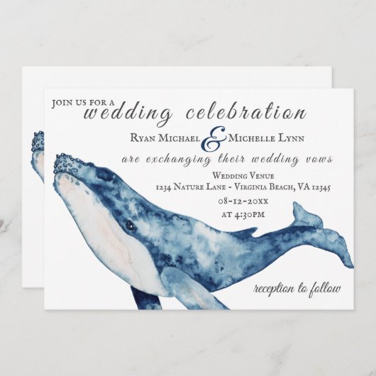Wasserfarbe Humpback Whale Nautical Beach Hochzeit Einladung (Vorne/Hinten)