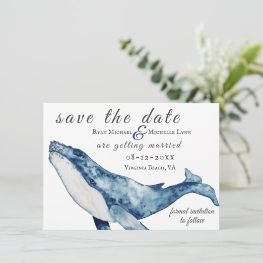 Wasserfarbe Humpback Whale Nautical Beach Hochzeit Save The Date (Stehend Vorderseite)