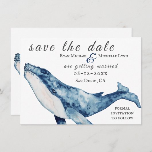 Wasserfarbe Humpback Whale Nautical Beach Hochzeit Save The Date (Vorne/Hinten)