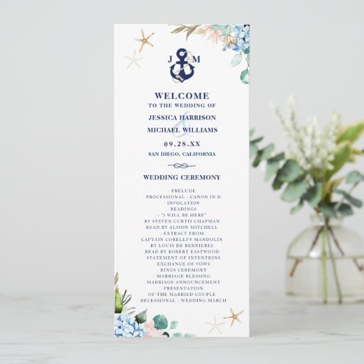 Wasserfarbe Hydrangea Anchor Beach Hochzeit Programm (Stehend Vorderseite)