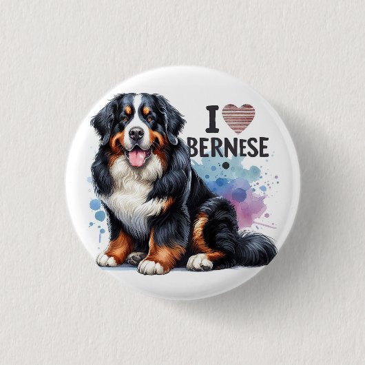 Wasserfarbe I Liebe Mein Berner Hund Button (Vorderseite)