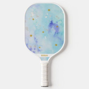 Wasserfarbe in Aquablone mit goldenen Sternen Pickleball Schläger