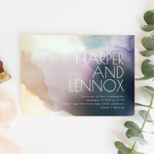 Wasserfarbe in Lila und goldener Hochzeitseinladun