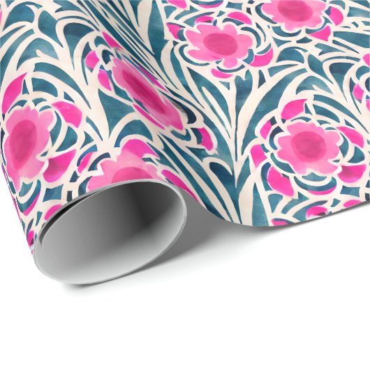 Wasserfarbe Inspiriert Rosa + Blau Botanische Blüt Geschenkpapier (Rolleneckpunkt)