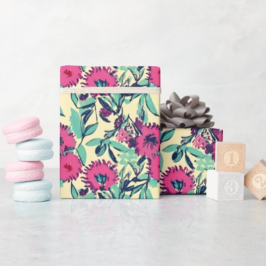 Wasserfarbe Inspiriert Rosa + Grüne botanische Blü Geschenkpapier (Babyparty)