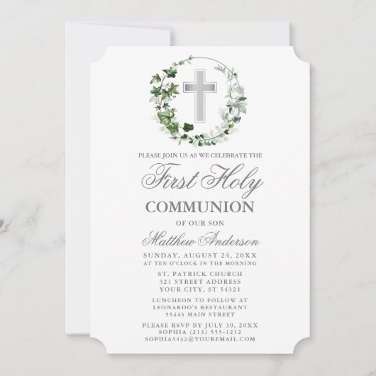 Wasserfarbe Ivy Wreath Erste Kommune Silver Einladung (Vorderseite)