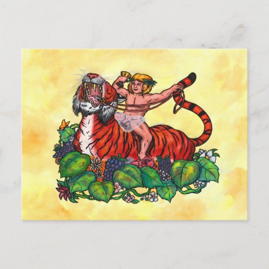 Wasserfarbe Junge Bacchus lächeln auf einem Tiger Postkarte (Vorderseite)