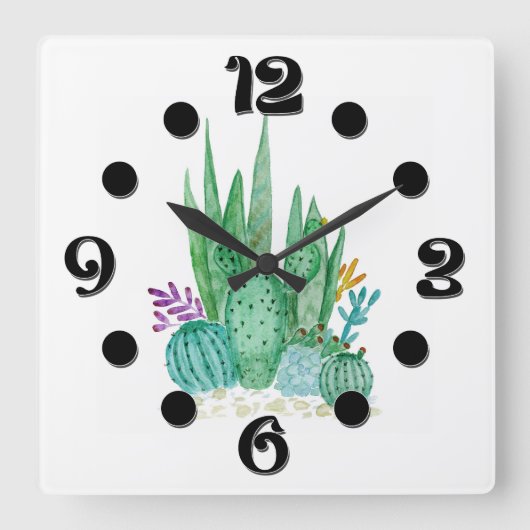 Wasserfarbe , Kakteen, Sukkulturen Quadratische Wanduhr (Vorderseite)